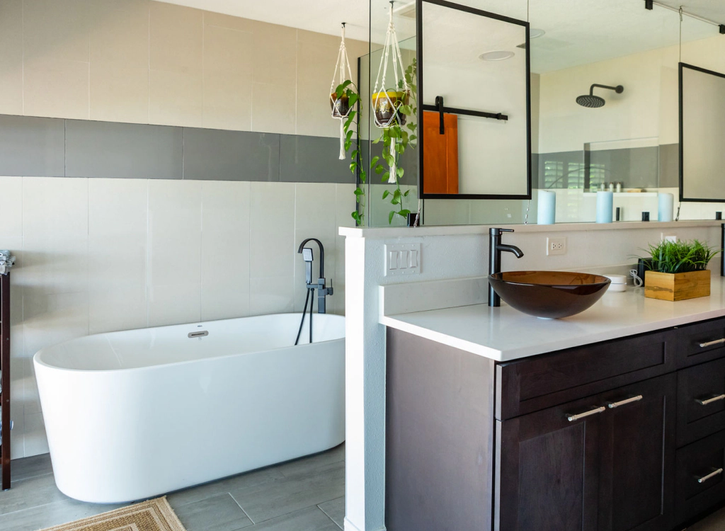 bathtub in a remodeled bathroom